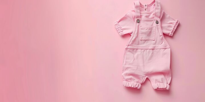 Baby girl clothes on pink pastel background. Fashion newborn clothes. Flat lay, top view. Copy space. Baby kids cotton clothing set. Infant bodysuit made of organic eco friendly cotton. Girl, daughter