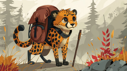   A cartoon of a cheetah holding a trekking stick and wearing a backpack