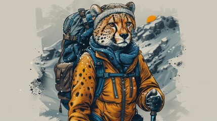   A man hikes up a snowy mountain, bearing a backpack and accompanied by a cheetah on his back - obrazy, fototapety, plakaty