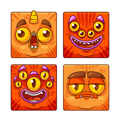 Square Icons, Emojis Or Avatars Of Cartoon Monster Face Character With Bulging Multiple Eyes, Sharp Teeth, Horns - 779847796