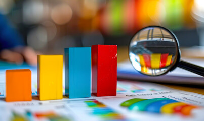 Colorful wooden blocks and magnifying glass on financial documents with blurred background, conceptual image representing business analysis, strategic planning, and data-driven decision making.
