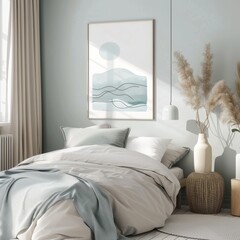 Modern bedroom interior with neutral tones, framed wall art, and decorative vases.