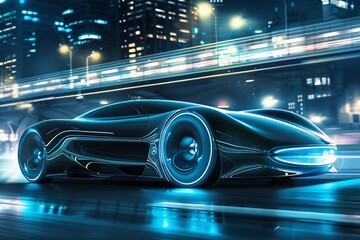 Fototapeta premium A sleek, futuristic car zooms through the city streets at night, its bright headlights illuminating the urban landscape