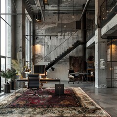 Modern industrial loft office with a stylish interior, featuring a metal staircase, large windows, and a vintage rug.