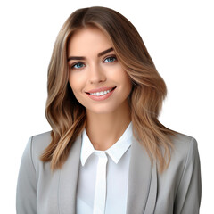 Professional headshot of a smiling young businesswoman in suit, isolated on white background