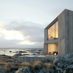 Modern beach house with large windows at dusk, contemporary architecture, luxury coastal home.