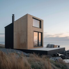 Fototapeta na wymiar Modern beach house with large windows at dusk.