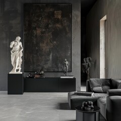 Modern living room interior with dark tones, minimalist furniture, and abstract art sculptures.