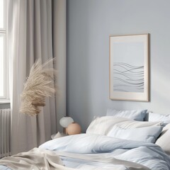 Minimalist bedroom with neutral tones, pampas grass in vase, and framed wall art.
