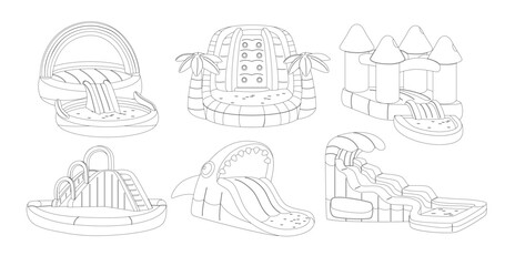 Inflatable Slides With Pools Outline Monochrome Icon Set. Air-filled Mushroom Or Shark Structure For Bouncing Sliding