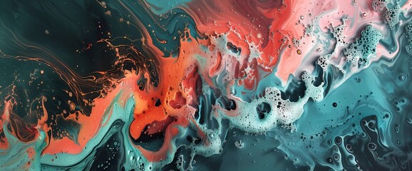 Radiant coral meets oceanic teal in a dynamic collision of abstract color and fluidity. - obrazy, fototapety, plakaty