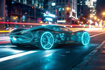A futuristic car with sleek design and glowing lights zooming down the urban city street at night,...