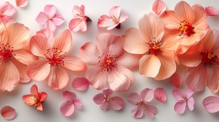   A collection of pink flowers lying together on a white background Each flower features a red center encircled by smaller pink blooms