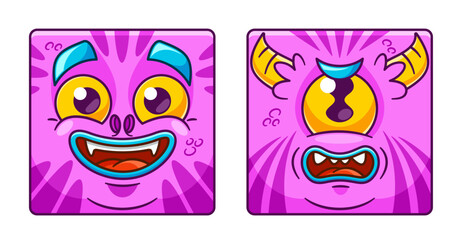 Square Vector Icon or Avatar of Cartoon Monster Face Character With Big Round Eyes, Sharp Teeth, And Pink Fur