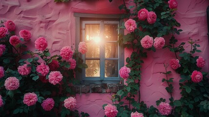   A pink stuccoed building's window, adorned exteriorly with pink flowers, reveals a sunbeam penetrating within
