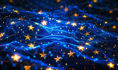 Digital European Union Flag Composed of Stars Shining Across a Network of Dynamic Data Points, Symbolizing Connectivity and Unity