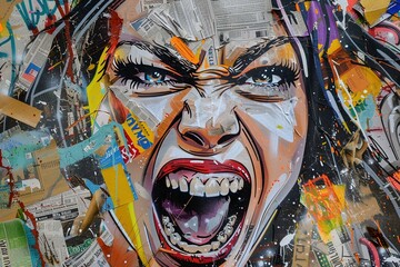 A powerful portrait in bold graffiti style depicts a woman with a wide-open mouth, radiating raw energy, surrounded by a chaotic collage of newspaper scraps and urban street art.