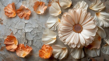   A collection of orange and white blossoms resting atop a fissured surface, featuring a prominent crack traversing their petals