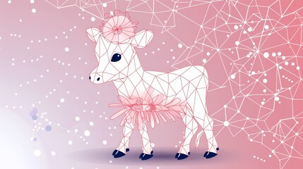   A white cow wearing a pink bow stands before a pink and white background, adorned with lines, dots, and more dots