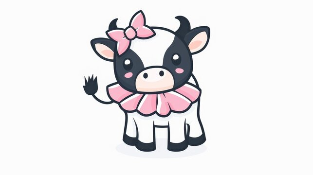   A black-and-white cow adorned with a pink bow atop its head and a pink ribbon encircling its neck