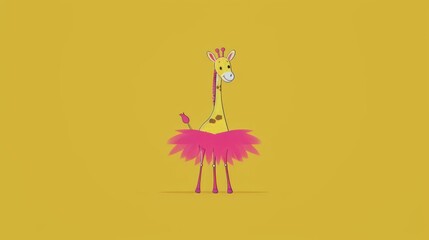 Fototapeta premium A giraffe adorned with a pink tutu and matching skirt stands before a yellow backdrop