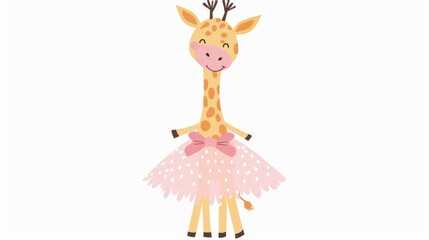   A giraffe wears a pink tutu and sports a matching pink bow on its head