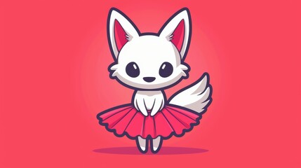   A charming white fox in a pink tutu and red skirt, its large eyes shining against a blush-pink backdrop