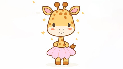   A cute giraffe in a pink dress adorned with stars and wearing a smiling headpiece
