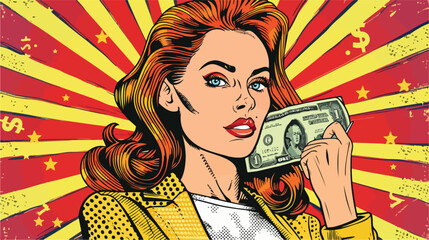 Vector pop art girl with cash flat vector isolated on white background 