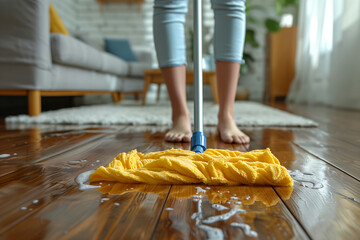Full-length of barefoot young woman stands in living room homeowner doing house chores cleaning wooden laminate floor using microfiber wet mop pad. Housekeeping job or routine homework concept - Powered by Adobe