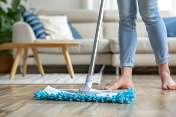 Full-length of barefoot young woman stands in living room homeowner doing house chores cleaning wooden laminate floor using microfiber wet mop pad. Housekeeping job or routine homework concept