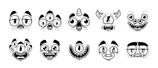 Black And White Cartoon Monster Face Emojis, Icons Or Avatars Set. Spooky Creatures With Bulging Eyes And Sharp Teeth