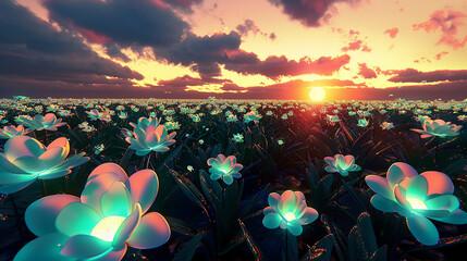 A 3D-rendered field of glowing, alien-like flowers on an extraterrestrial planet. 32k, full ultra hd, high resolution