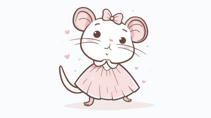   A cartoon mouse in pink dress dotted with hearts and donning a bow on head, poses before white backdrop