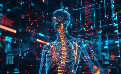 A digital human body with glowing holographic bones and veins, surrounded by futuristic health data visualizations in the background