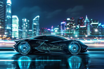 A sleek, futuristic car sits parked in the middle of a bustling city at night, its sleek design illuminated by the city lights