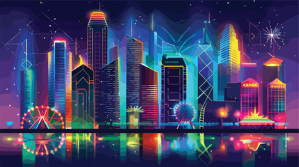 Vector urban concept background with night city illumi
