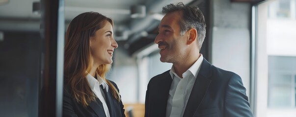 Executive businesswoman and businessman working together and  walking down in office and talking