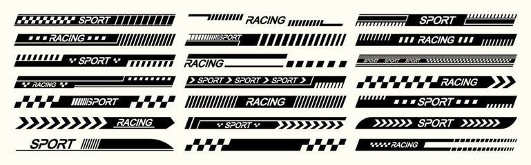 Sports Car Stickers Feature Vector Designs Embodying Speed, Racing, And Automotive Motifs. Black And White Stripes
