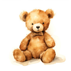 Cute teddy bear on white background, digital watercolour of a retro style soft toy with bow tie.