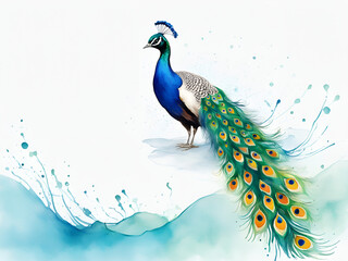Dancing male peacock, peacock art painting, a peacock opening in a colorful scene.