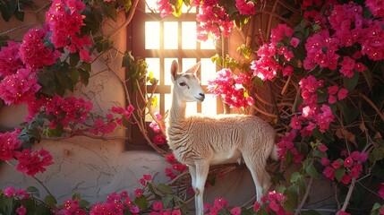 Fototapeta premium A sheep before a window, outside view of pink blooms, window transparency reveals interior