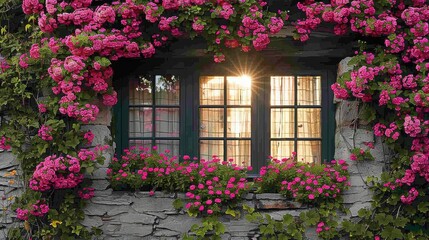 Fototapeta na wymiar A window adorned with a bouquet of pink flowers exterior, radiating bright light inside