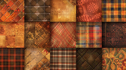 A quilted wallpaper design, each square featuring a different classic pattern, from argyle to tartan, all rendered in a cozy, autumnal palette. 32k, full ultra hd, high resolution