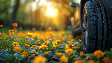 summer tires in the blooming spring in the sun - time for summer tires. Generative ai