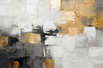 Abstract acrylic paint brush strokes organic squares background in black white and gold banner...