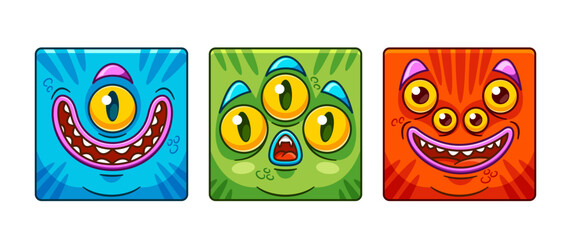 Square Icons Or Avatars Of Cartoon Monster Face Character A With Big, Googly Eyes, Sharp Teeth, And Wild, Colorful Fur