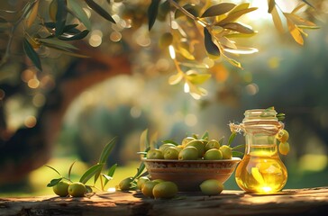 A beautiful background of olive trees with an elegant bowl full of green olives and oil in the foreground - Powered by Adobe
