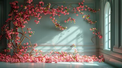   A room adorned with a pink flower mural on the wall and a window letting in soft, illuminating light