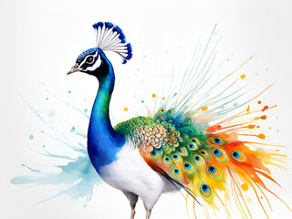 Fototapeta premium Dancing male peacock, peacock art painting, a peacock opening in a colorful scene.